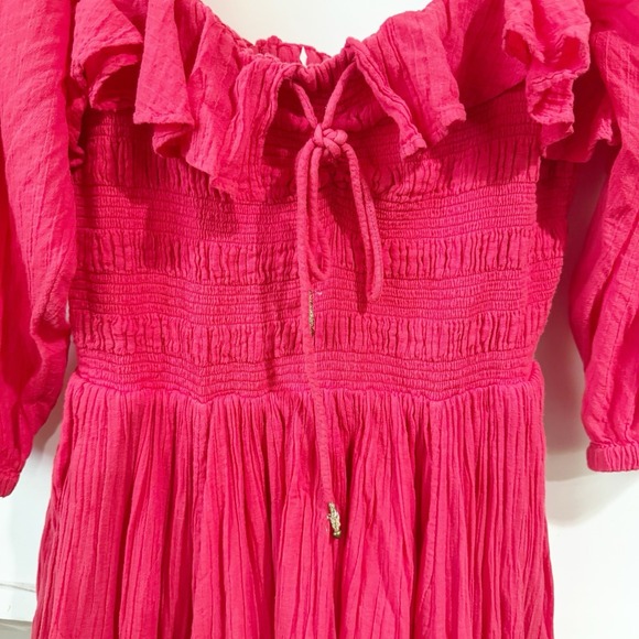 Free People Women Small Oasis Midi Dress Pink Smocked Flowy Boho